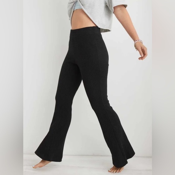 aerie Pants - Aerie Black Waffle Knit Flare Pants